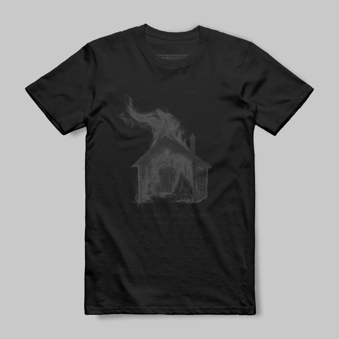 Unique Black T-Shirt with Burning House Graphic Design