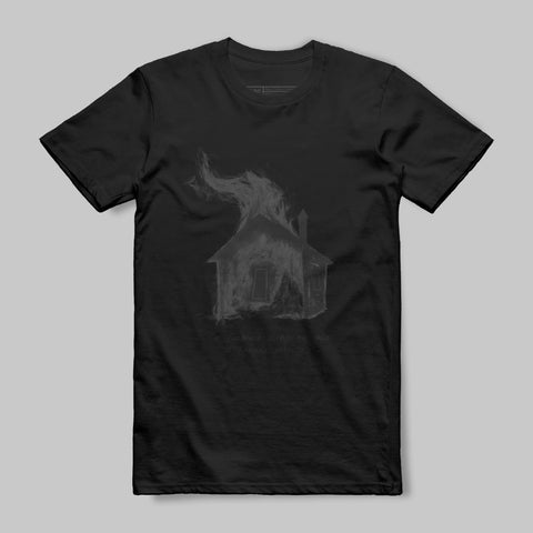 Unique Black T-Shirt with Burning House Graphic Design