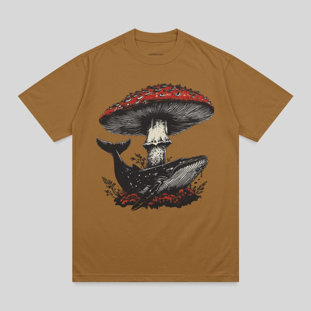 Whale beneath a large red mushroom with white spots.
