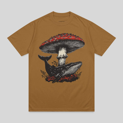 Whale beneath a large red mushroom with white spots.