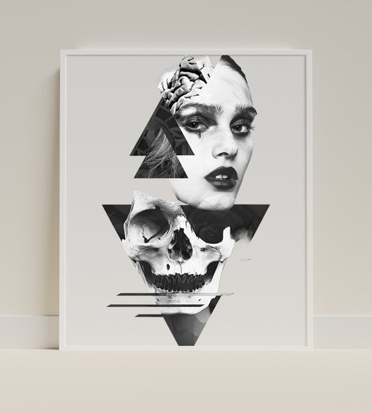 Surreal Art Print with Woman and Skull Abstract Design