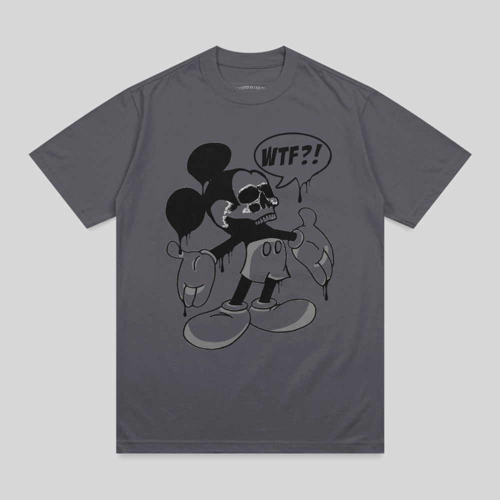 Mickey Mouse with skull face and dripping black paint, saying "WTF?!".