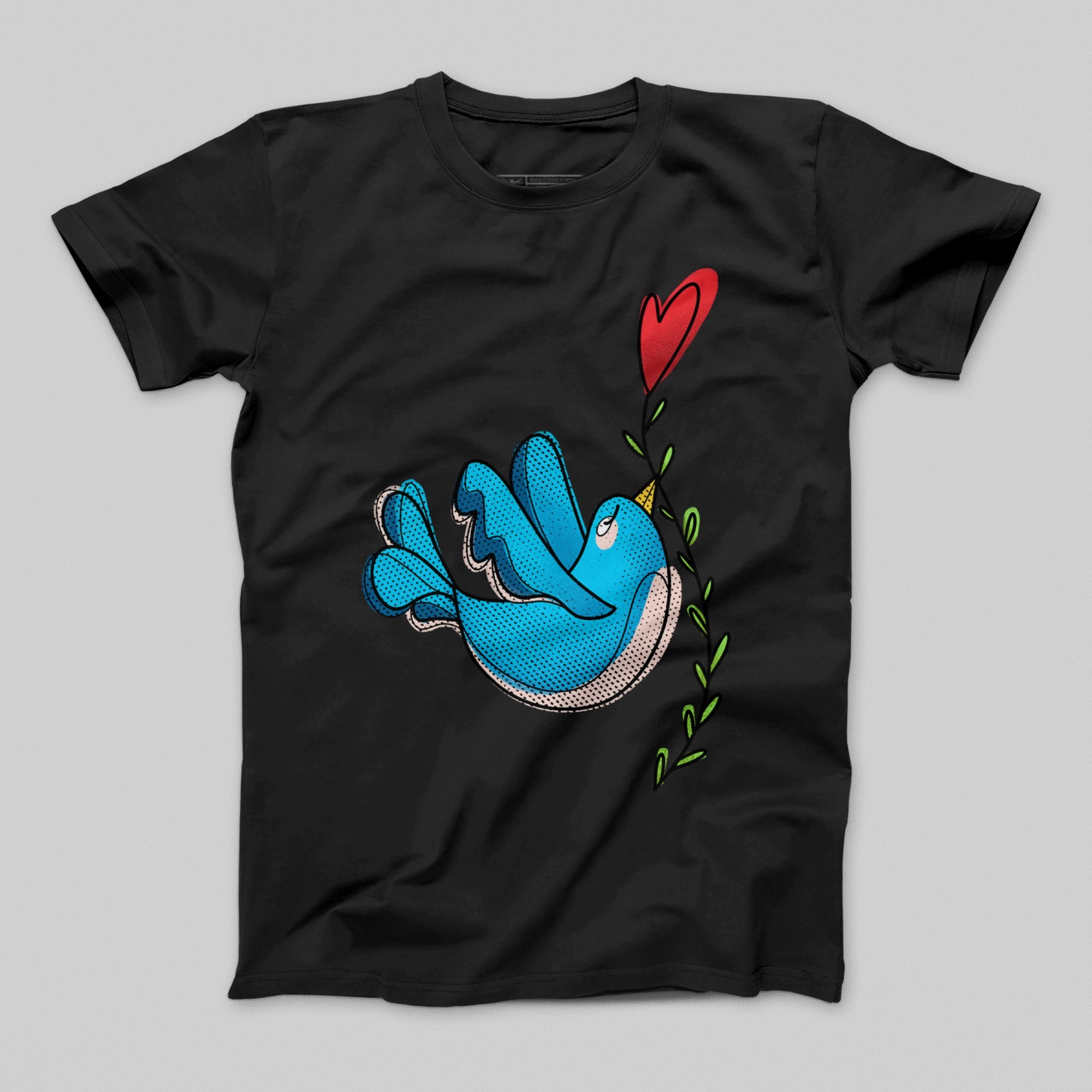 Cute Blue Bird with Heart Graphic on Black Shirt
