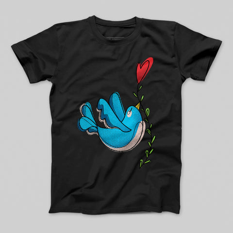 Cute Blue Bird with Heart Graphic on Black Shirt