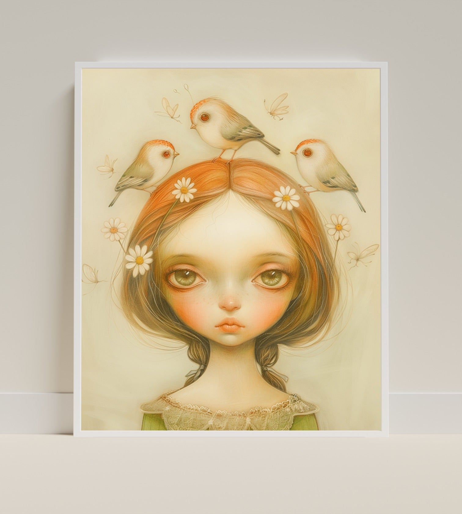 Portrait of Girl with Birds and Flowers Artwork Print