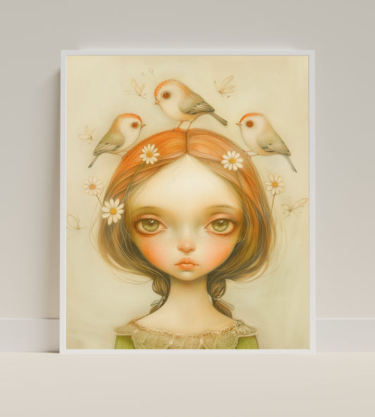 Portrait of Girl with Birds and Flowers Artwork Print