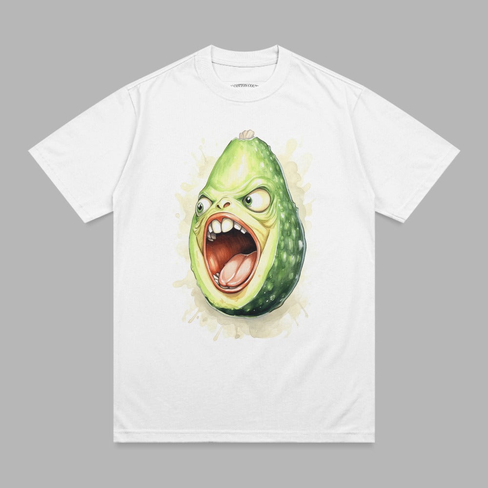 White t-shirt with a screaming avocado illustration.