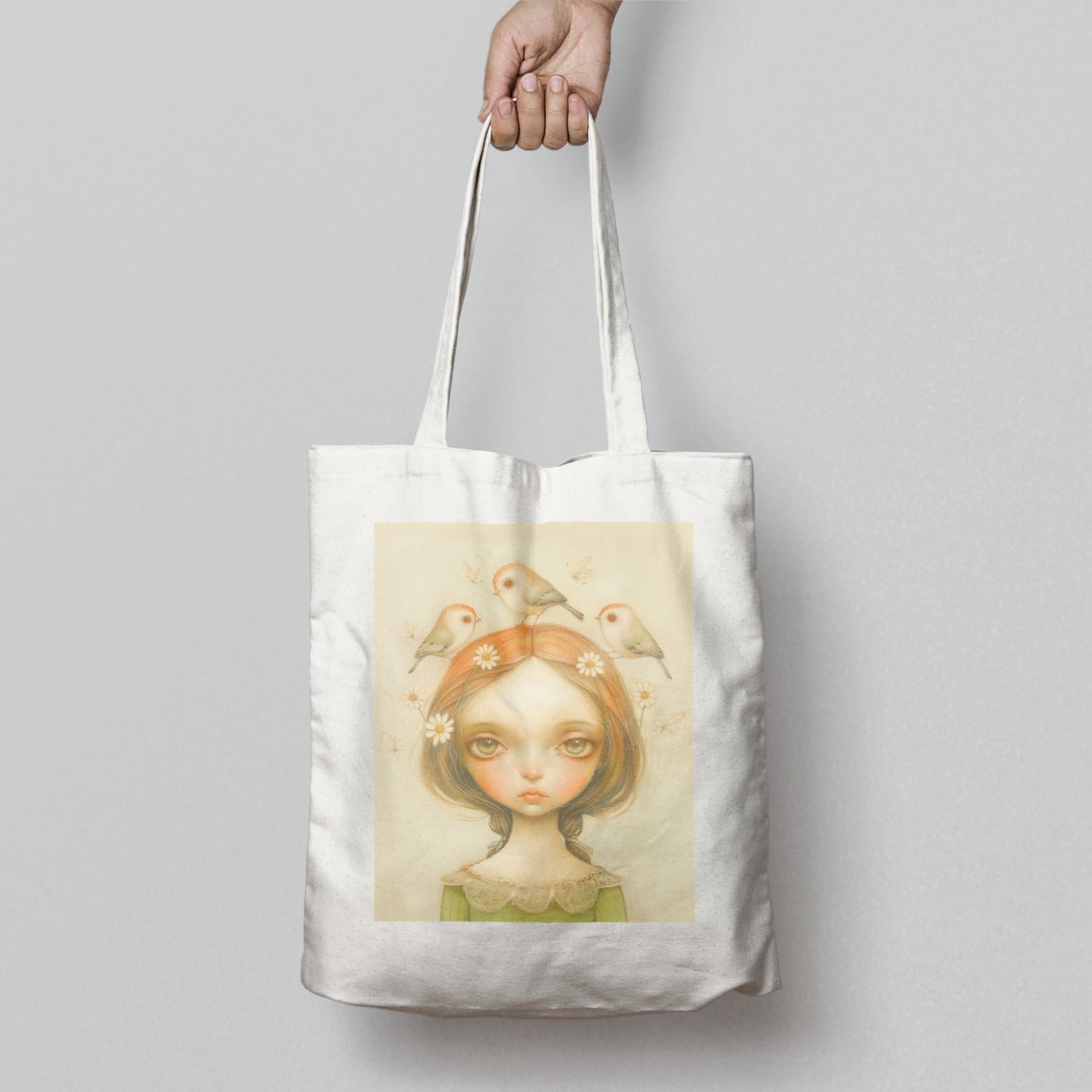 Artistic Girl with Birds and Flowers Tote Bag Product