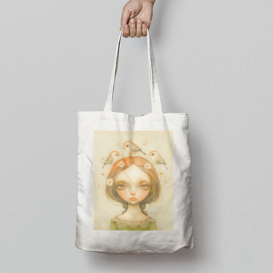 Artistic Girl with Birds and Flowers Tote Bag Product