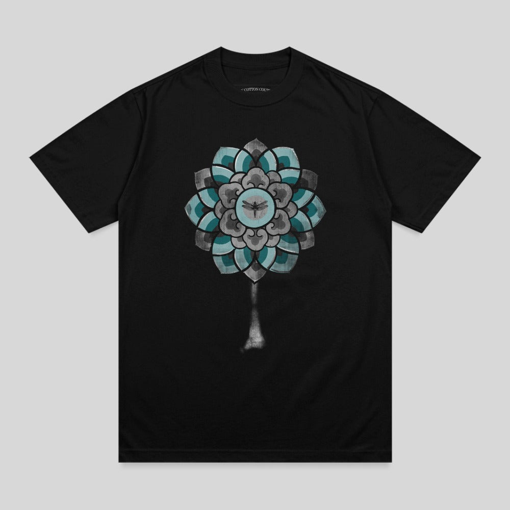 Black t-shirt with a grey, blue, and white mandala design featuring a moth.