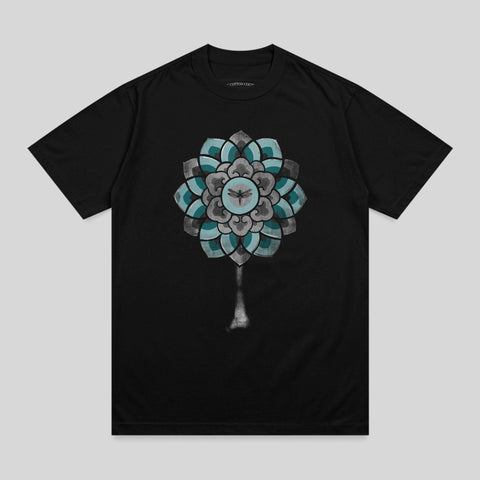 Black t-shirt with a grey, blue, and white mandala design featuring a moth.