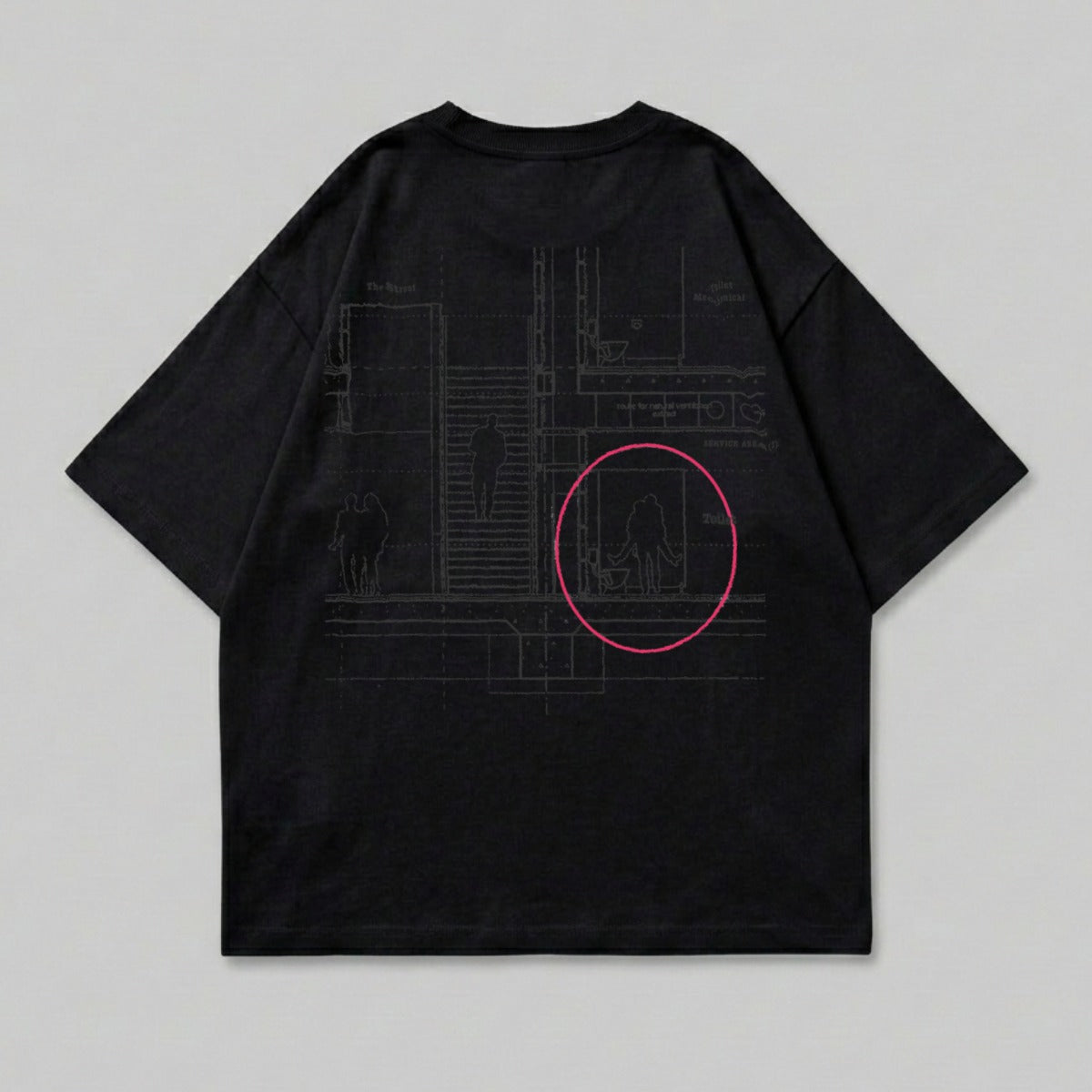 Black t-shirt with a detailed architectural blueprint design and two figures.