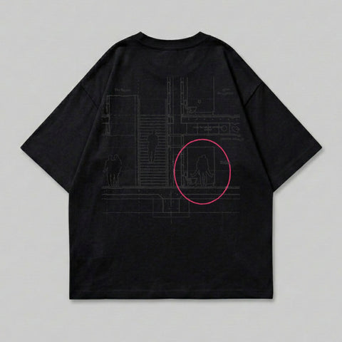 Black t-shirt with a detailed architectural blueprint design and two figures.