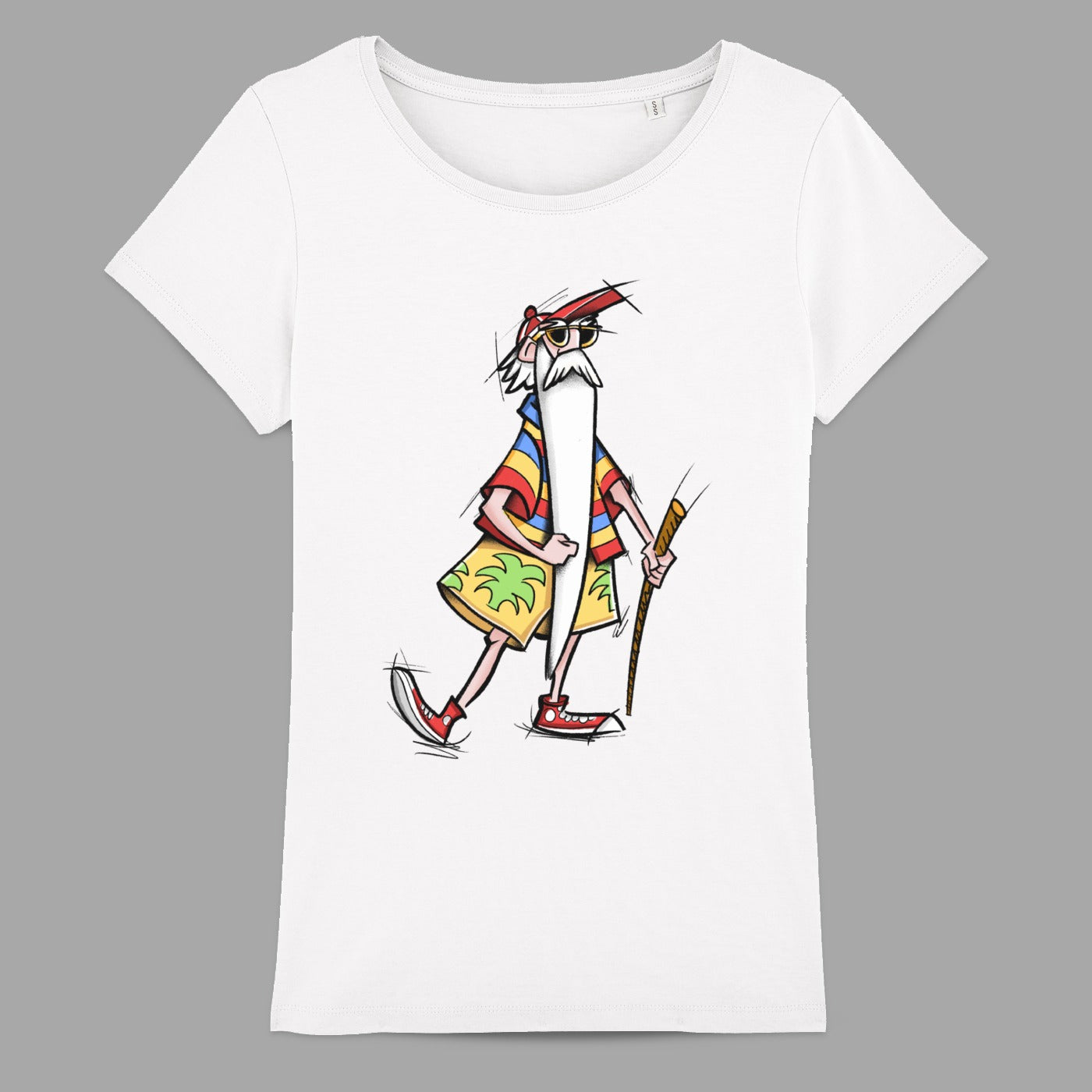 Colorful Cartoon Character with Walking Stick T-shirt