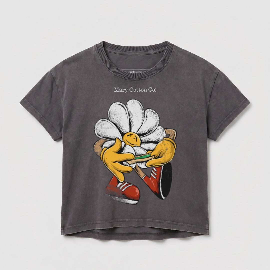 Dark grey t-shirt with cartoon daisy character holding a lit cigarette.