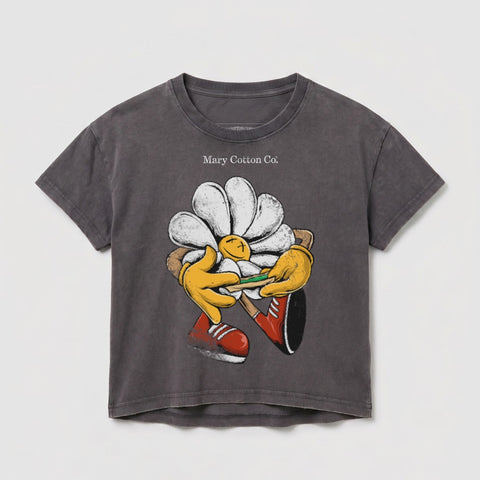 Dark grey t-shirt with cartoon daisy character holding a lit cigarette.