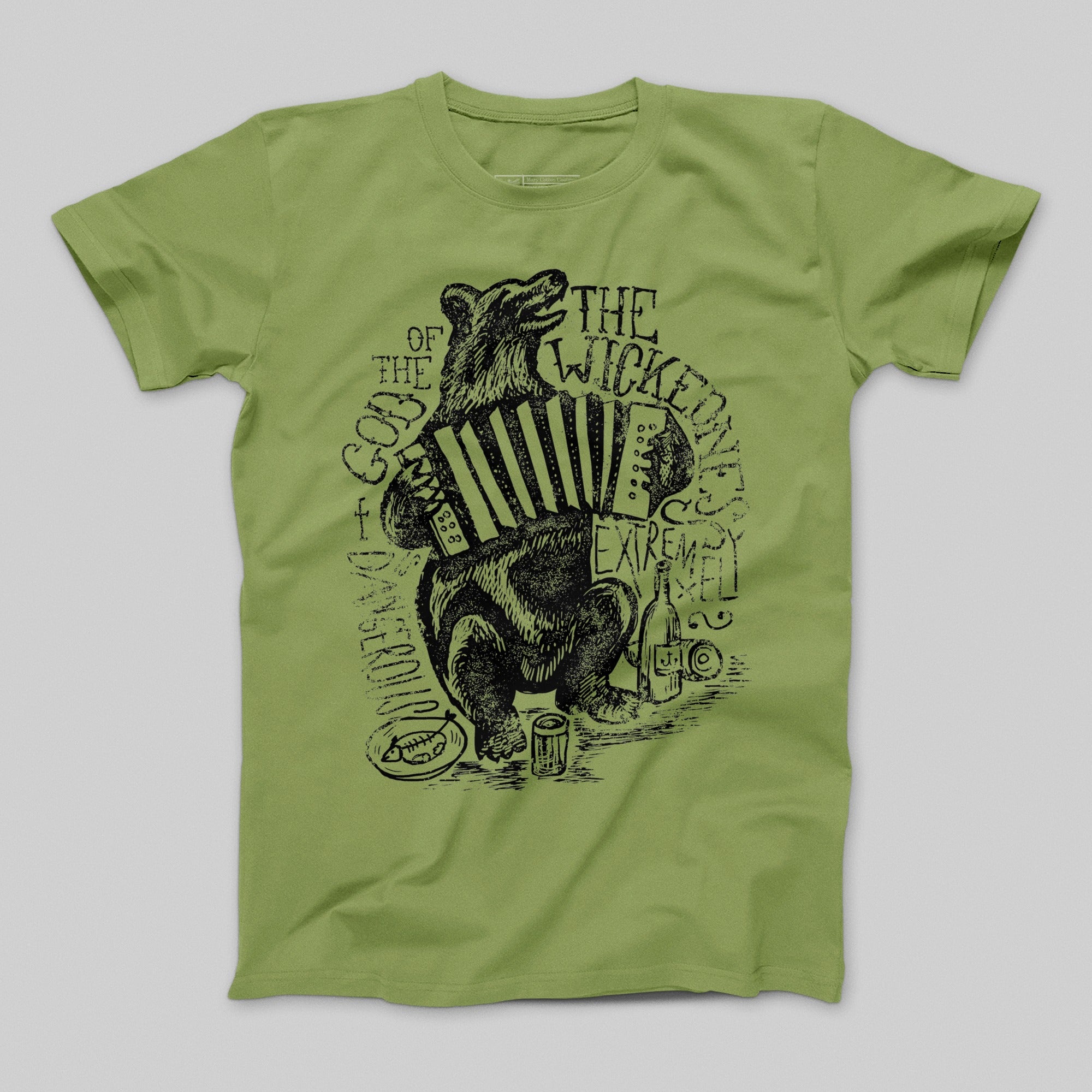 Unique Bear Playing Accordion Green Graphic T-Shirt