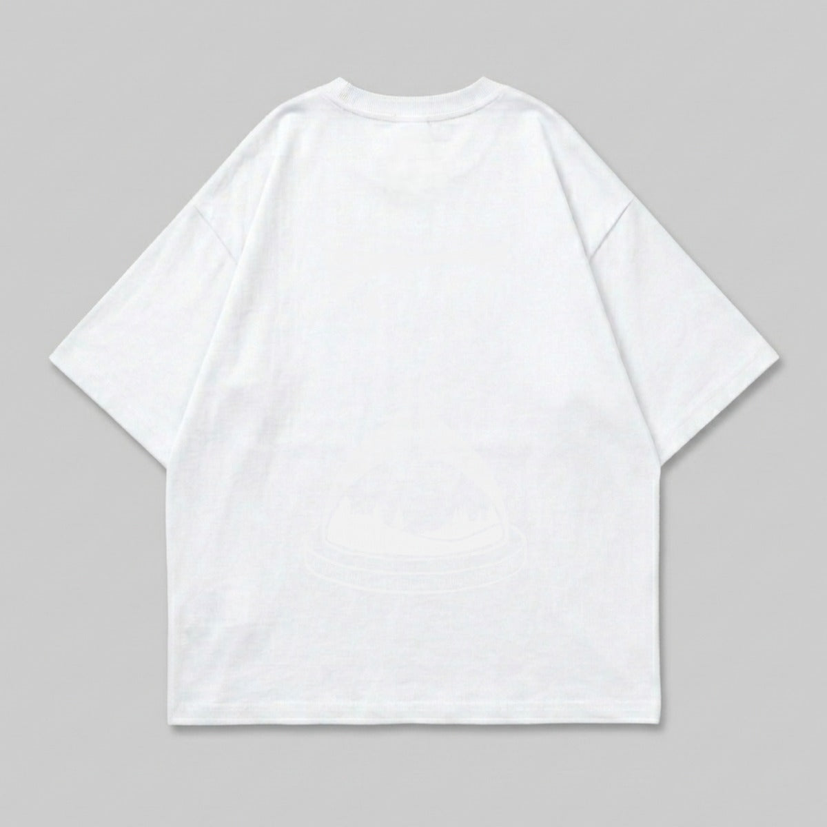 White t-shirt with a subtle graphic design on the back.