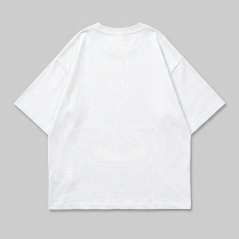 White t-shirt with a subtle graphic design on the back.