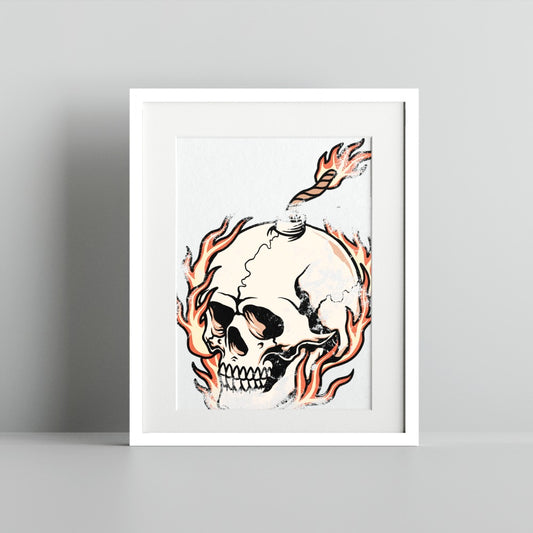 Flaming Skull Art with a Fuse Design Wall Art Print