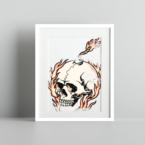 Flaming Skull Art with a Fuse Design Wall Art Print