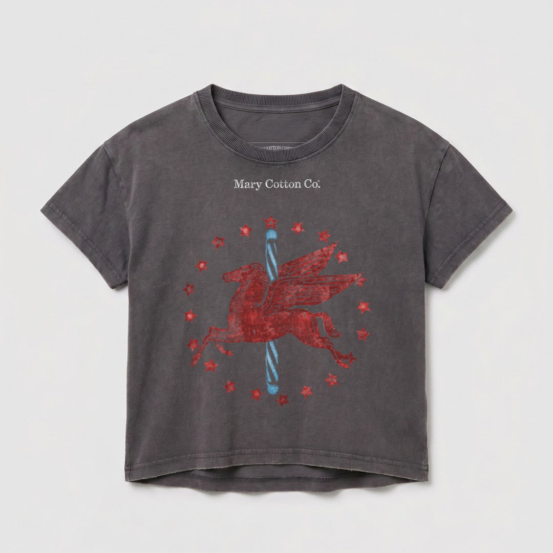 Gray cropped t-shirt with red Pegasus graphic and star details.