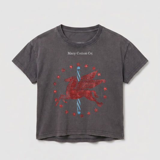 Gray cropped t-shirt with red Pegasus graphic and star details.