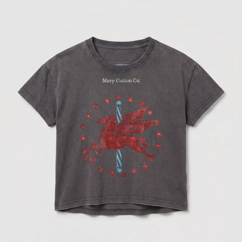 Gray cropped t-shirt with red Pegasus graphic and star details.