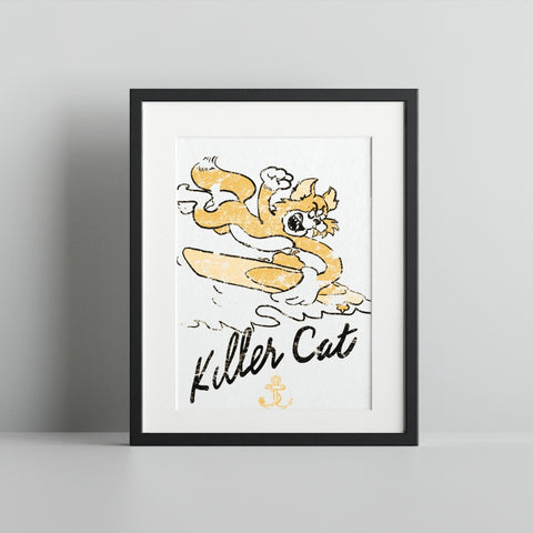 Killer Cat Action Surfboard Design Art Print