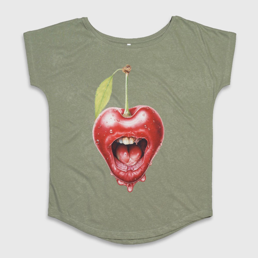 Green Shirt with Red Cherry Mouth Graphic Design