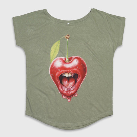 Green Shirt with Red Cherry Mouth Graphic Design