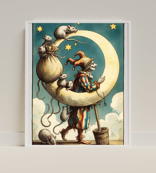 Vintage Circus Clown on Moon with Mice Art Print