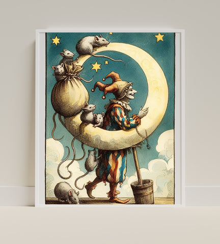 Vintage Circus Clown on Moon with Mice Art Print