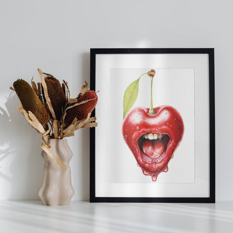 Abstract Cherry with Mouth Framed Art Print