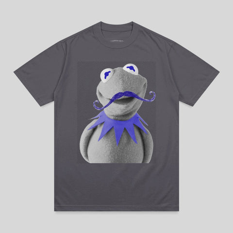 Kermit the Frog wearing a purple mustache and collar on a dark gray t-shirt.