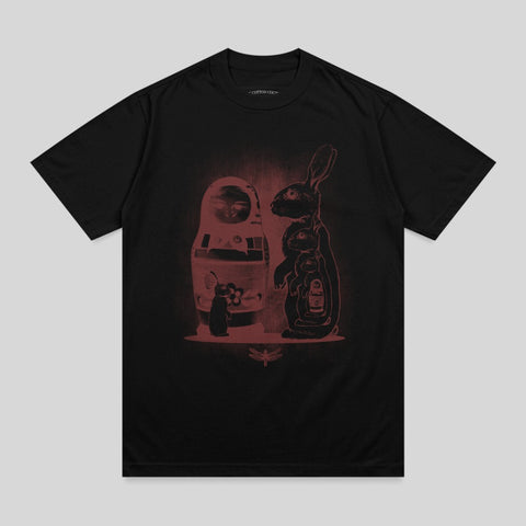 Black t-shirt with red graphic of nesting dolls and a rabbit.