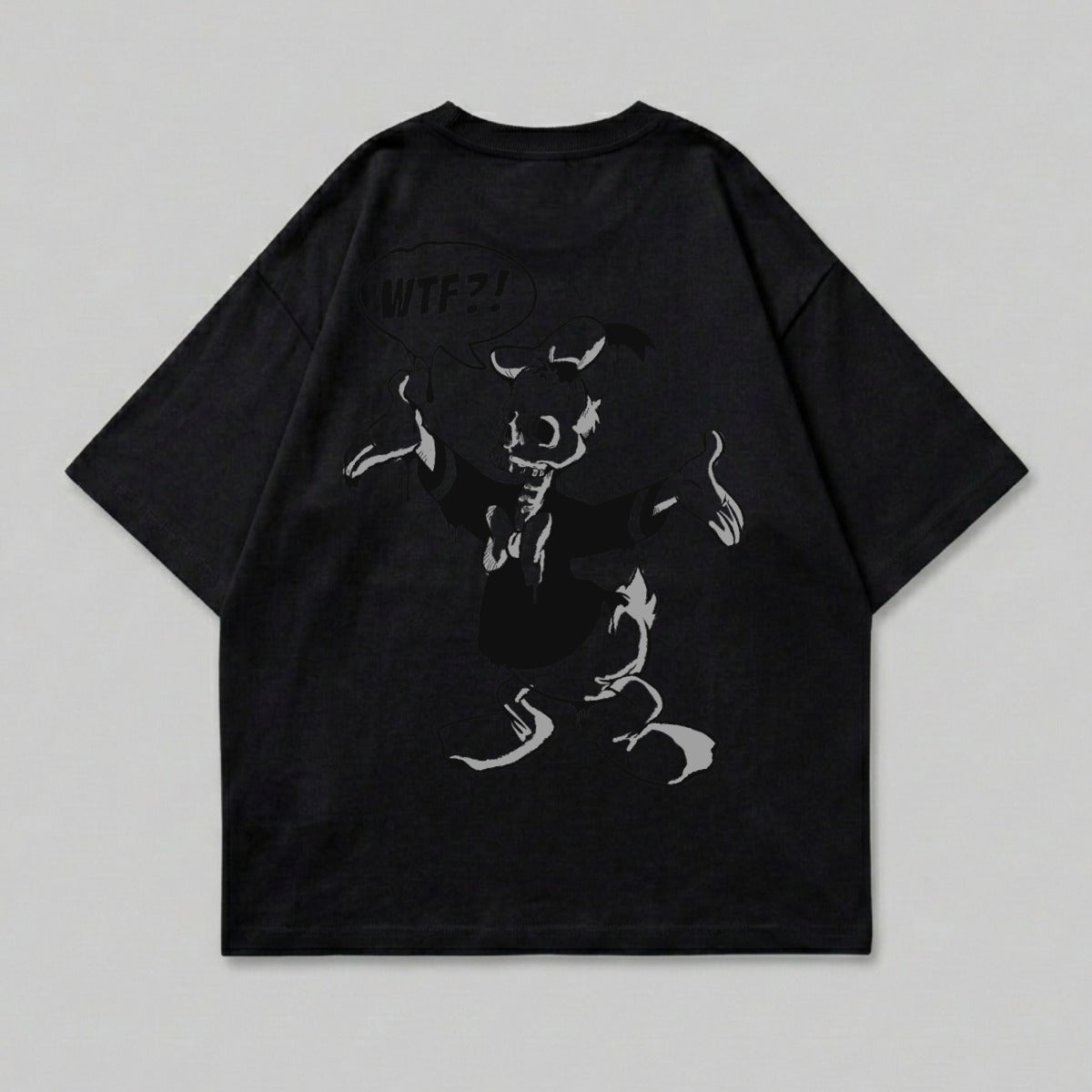 Black t-shirt with a cartoon devil graphic and "WTF?!" text on the back.