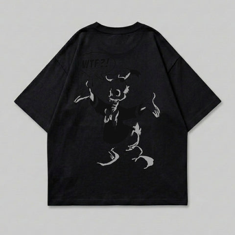 Black t-shirt with a cartoon devil graphic and "WTF?!" text on the back.