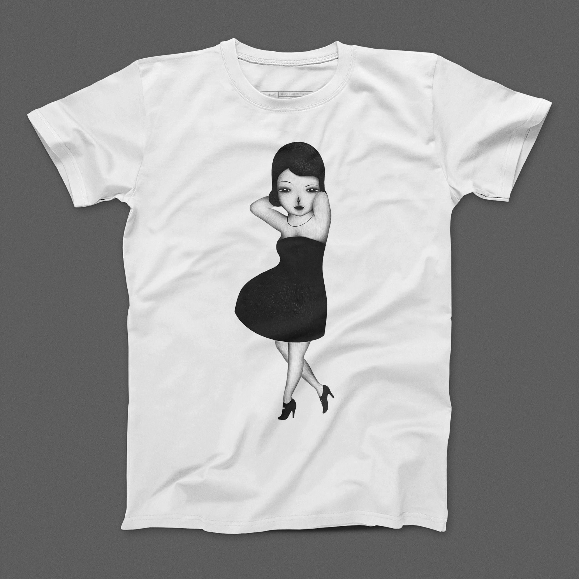Black Dress Girl Illustration Unique White T-Shirt