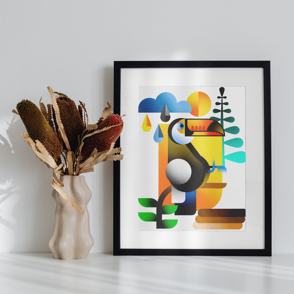 Colorful Geometric Toucan Artwork in Black Frame Decor