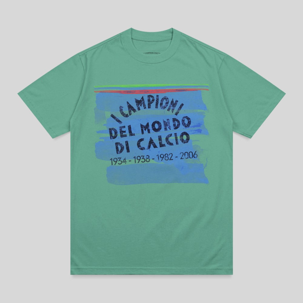 Teal t-shirt with "CAMPIONI DEL MONDO DI CALCIO 1934-1938-1982-2006" text.