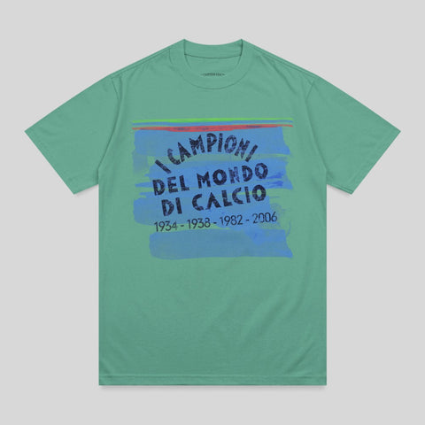 Teal t-shirt with "CAMPIONI DEL MONDO DI CALCIO 1934-1938-1982-2006" text.