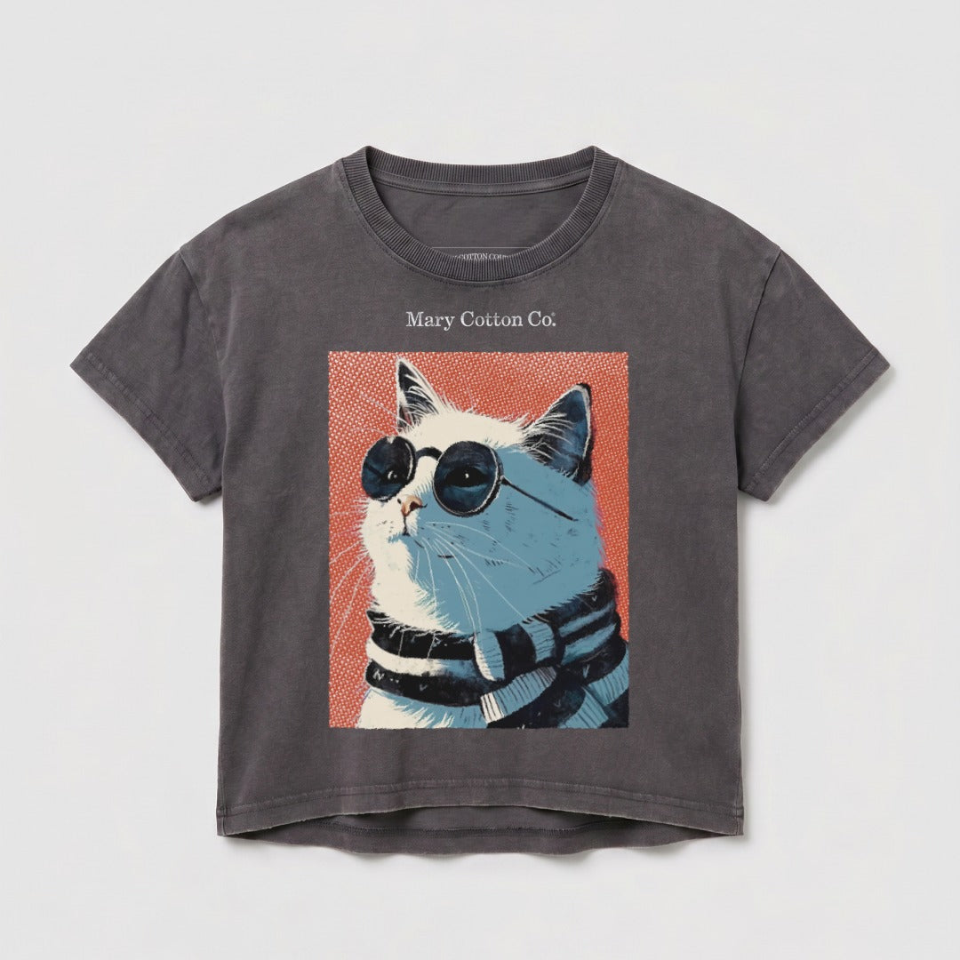 T-shirt with a white cat wearing sunglasses and a striped scarf.