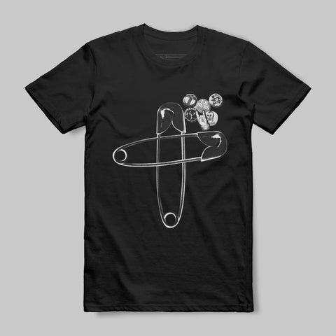 Unique Graphic Black T-Shirt with Safety Pins Design