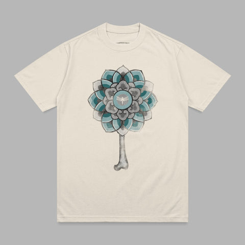 Cream t-shirt with a circular mandala-style design featuring blue, teal, and gray.