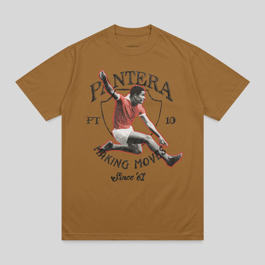 Brown t-shirt with graphic of jumping soccer player and "Pantera Making Moves Since '67".