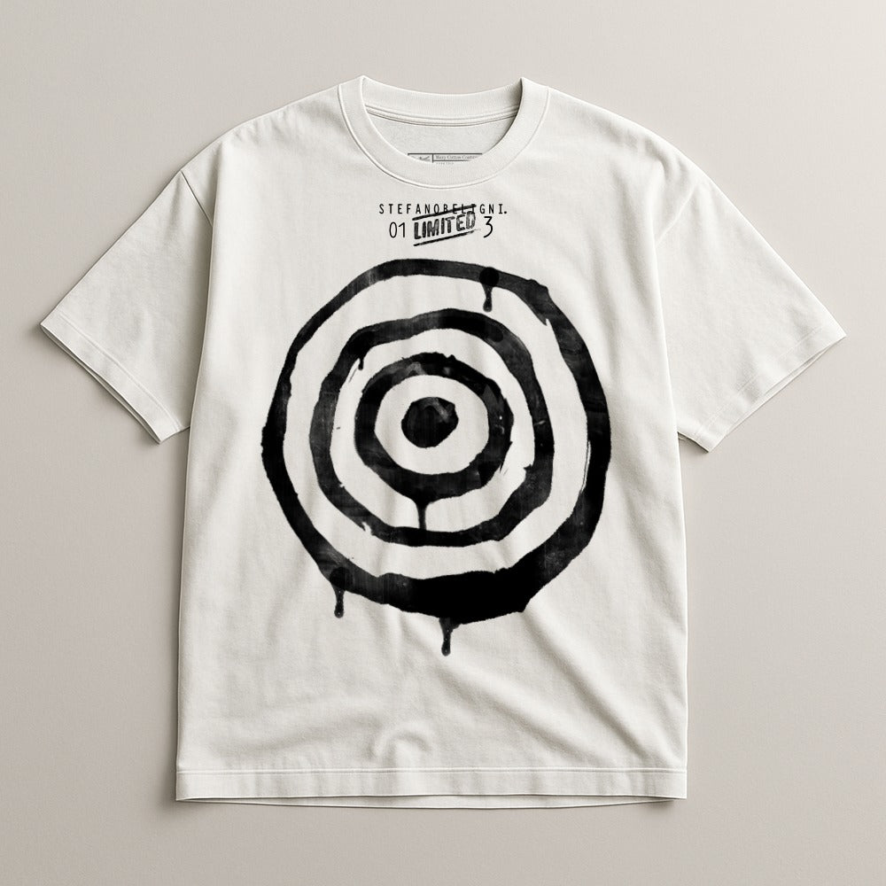 Stylish White Tee with Bold Black Concentric Circles Design
