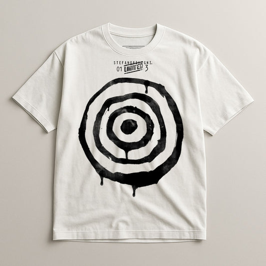 Stylish White Tee with Bold Black Concentric Circles Design