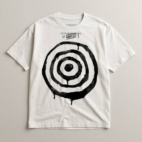 Stylish White Tee with Bold Black Concentric Circles Design