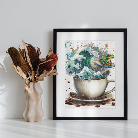 Surreal Frog Surfing in Coffee Cup Art Print